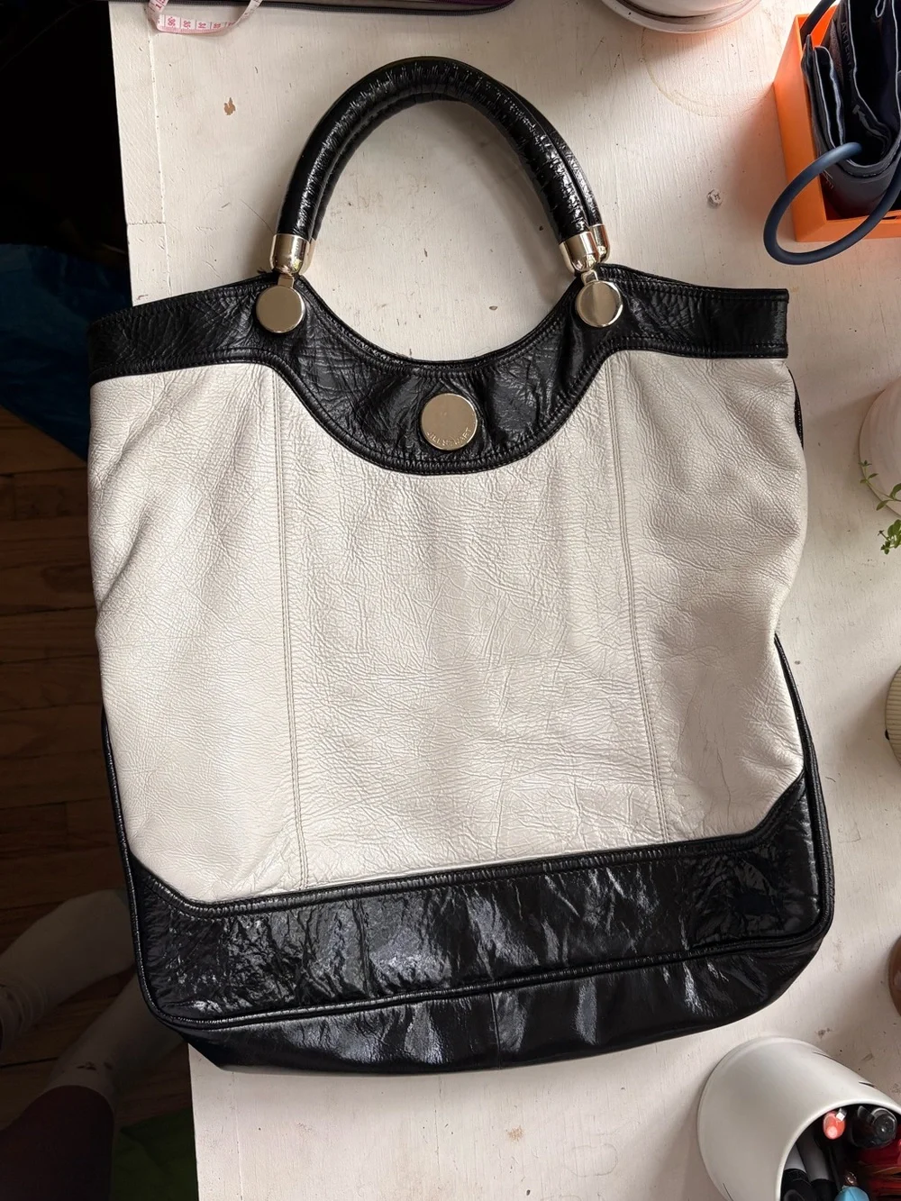 Jill Stuart white and black XL leather tote bag